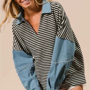 BiBi Striped Pullover Top with Blue Denim collar and sleeves